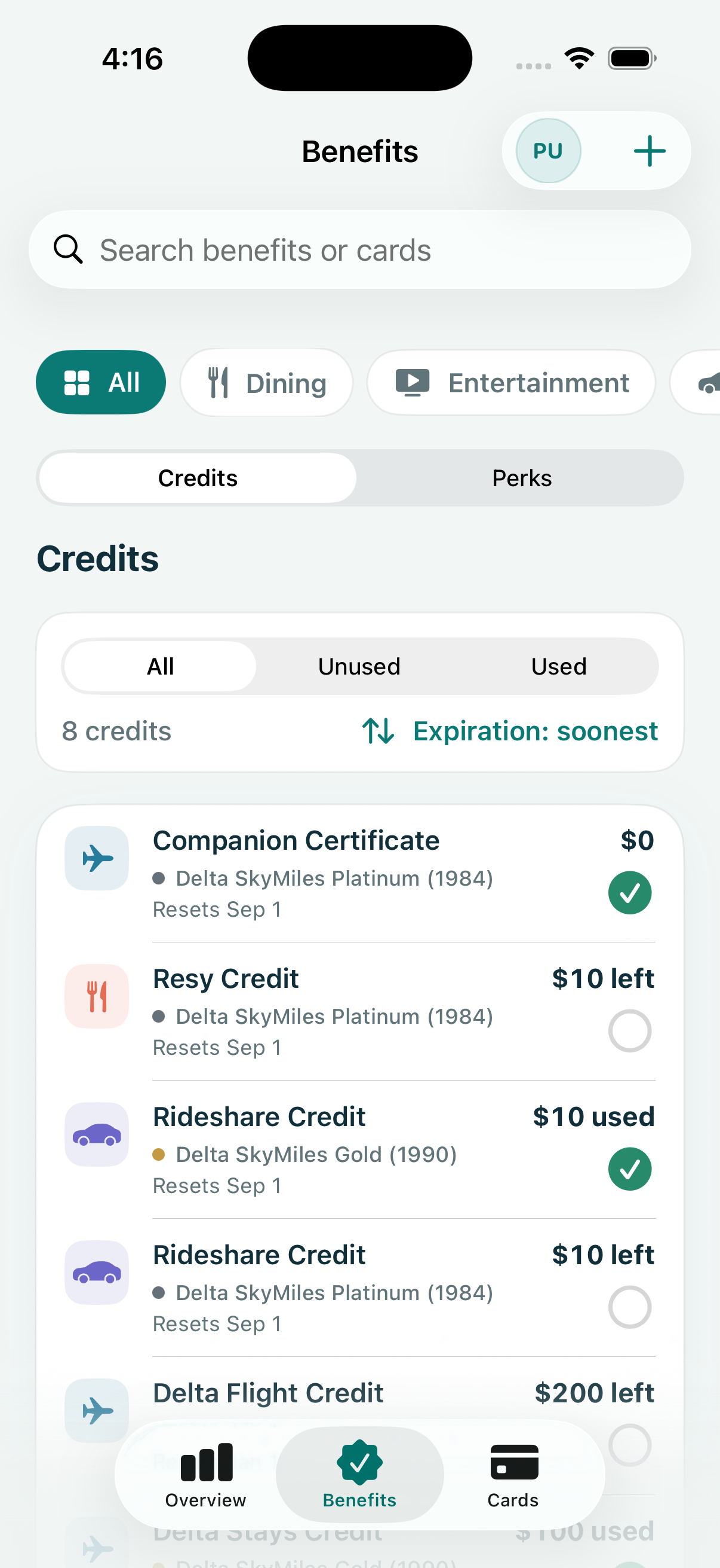 Current Perkmark benefits screen with search, credit and perk filters, tracked values, and reset dates