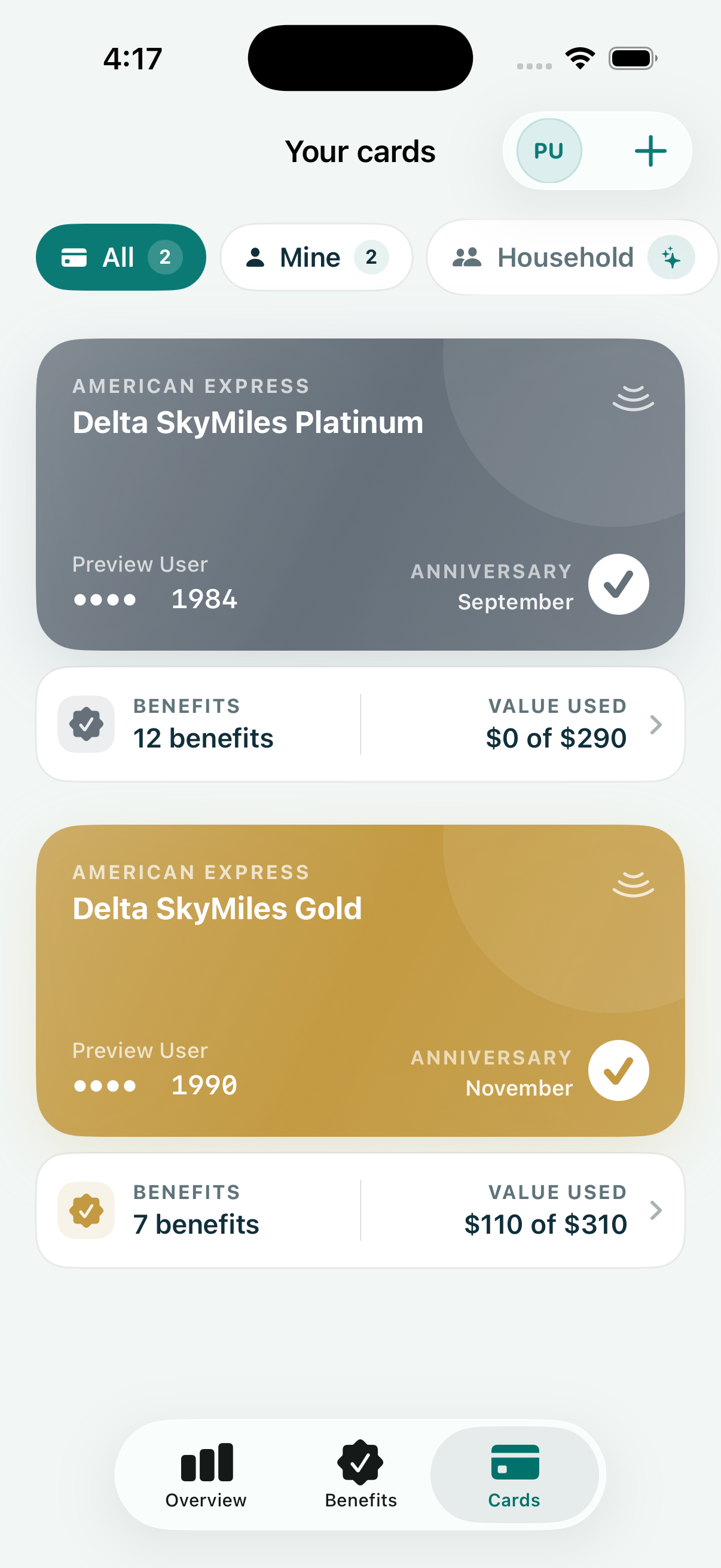 Current Perkmark cards screen showing personal and household filters, benefit counts, and tracked credit value