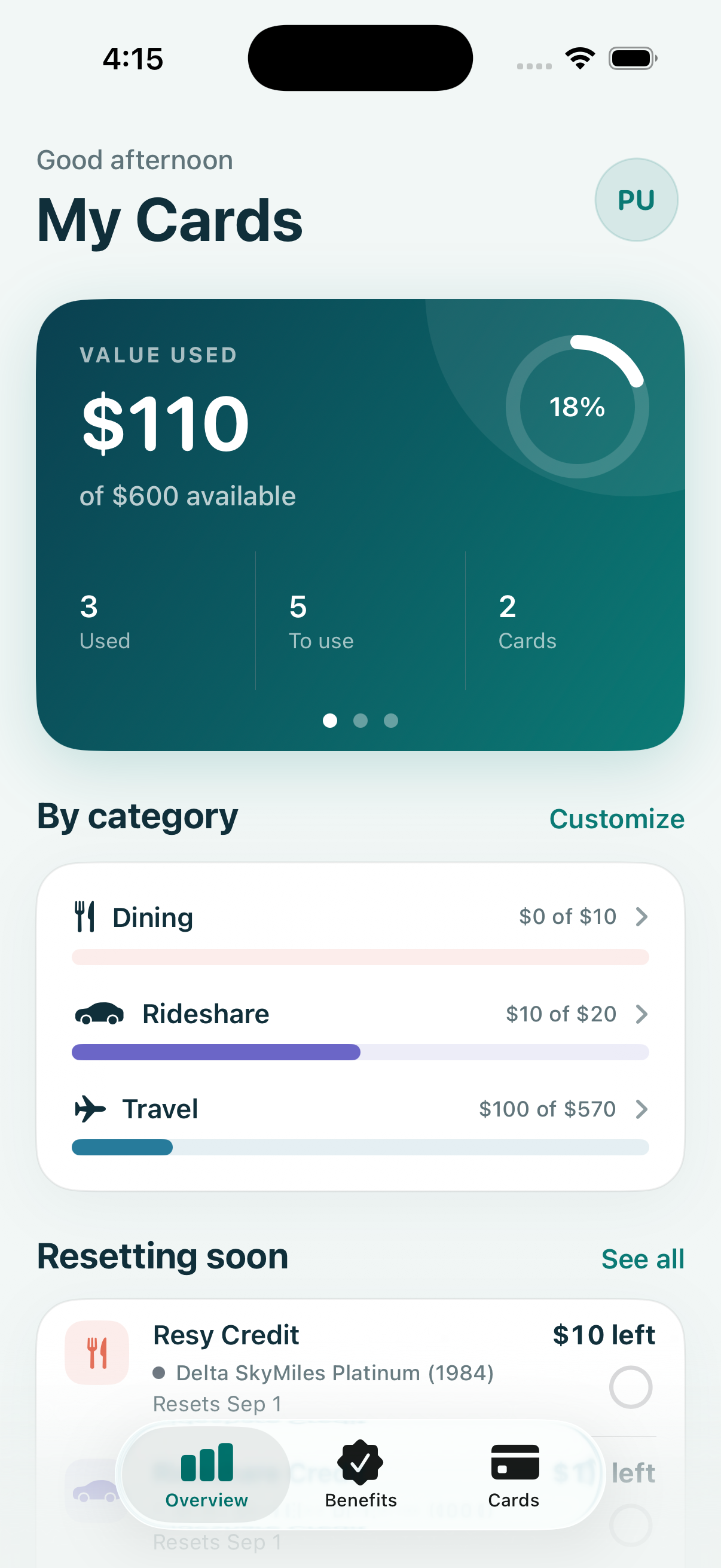 Current Perkmark overview with benefit totals, categories, card count, and reset dates